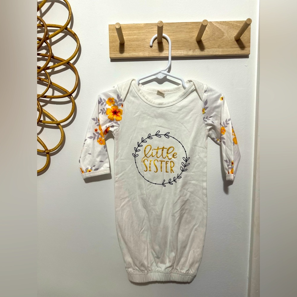 Floral Sleeve Baby Gown with Little Sister Print
